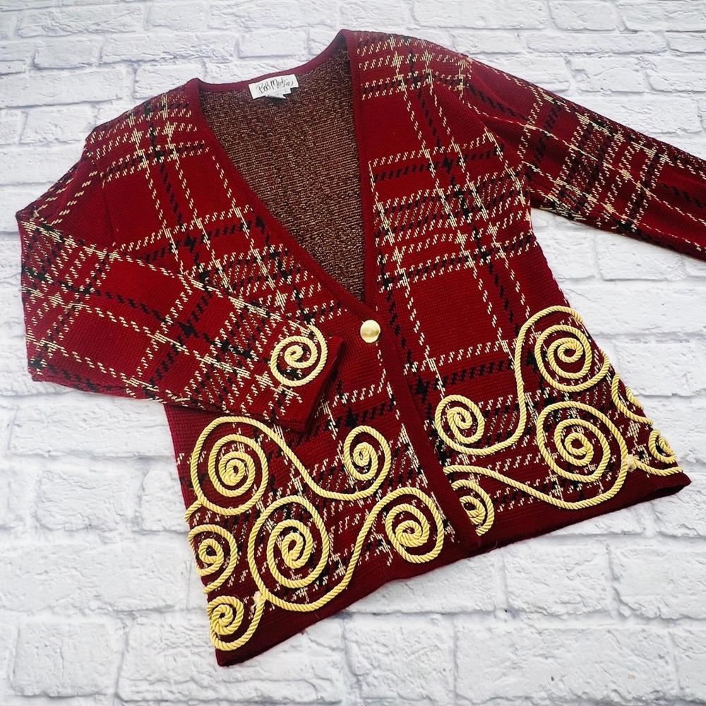 Bob Mackie Womens Large Burgundy Gold Plaid Cardigan Sweater
